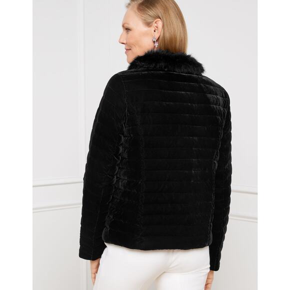 Talbots Black Velvet Down Quilted Puffer Jacket Coat Faux Fur Collar 16P 16 P - Picture 14 of 17